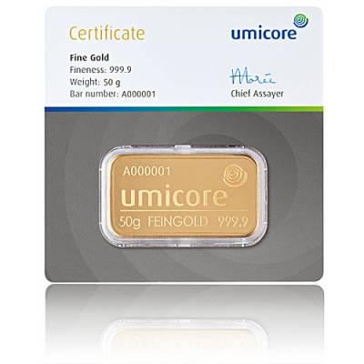 50 gramm Umicore - Goldbarren 999,9/1000