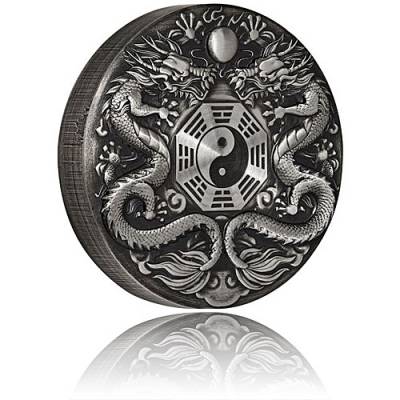 2 Unzen Silbermünze 2 $ - Double Dragon Antik Finish 2019