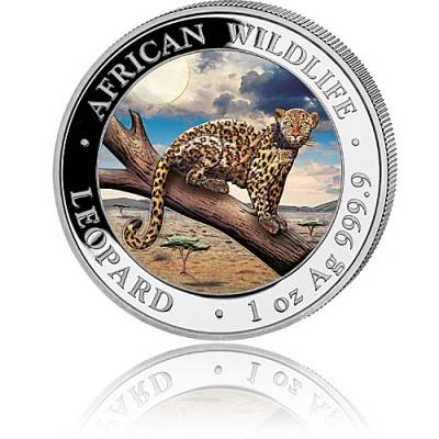 1 Unze Silbermünze Somalia African Wildlife Leopard farbig 2021