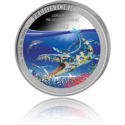 1 Unze Silbermünze Prehistoric Life Liopleurodon farbig 2022