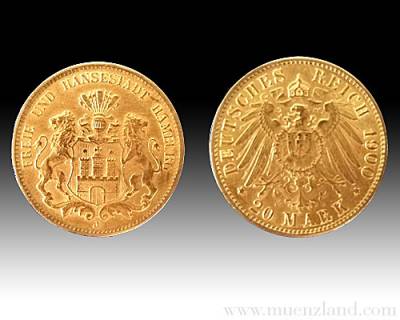 20 Reichsmark Goldmünze Stadtwappen Hamburg 1893