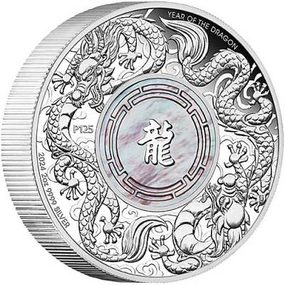 Silbermünze 2 oz Australien Mother of Pearl Double Dragon polierte Platte 2024
