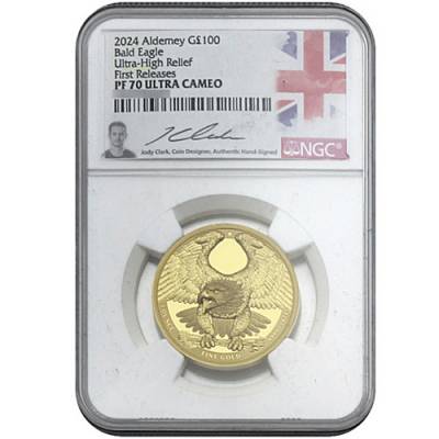 Goldmünze 1 oz Alderney Bald Eagle PF70 im SLAB Ultra High Relief - Charles Effigy 2024