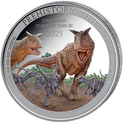 1 Unze Silbermünze Prehistoric Life Carnotaurus Farbe 2025