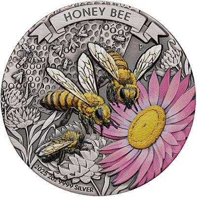 Silbermünze 2 oz Honigbiene Honey Bee color antique finish 2025