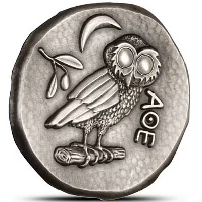 1 Unze Silber Eule von Athen Antik Finish Replica mit Lederbeutel