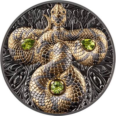 Silbermünze 5 oz Glücksschlange Einlagen aus schwarzen Diamanten und Peridot-Edelsteinen 2026