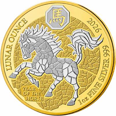 1 Unze Silbermünze Ruanda Lunar Pferd vergoldet Proof 2026