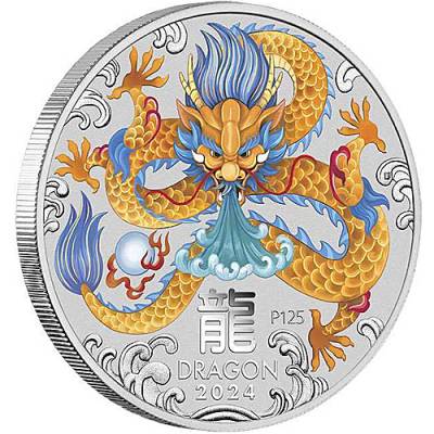 1 Unze Silbermünze Australien Lunar III  Drache farbig 2024