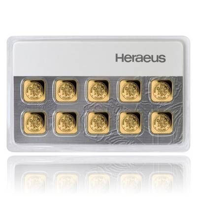10 x 1 gramm Goldbarren 999,9/1000 Heraeus Multicard