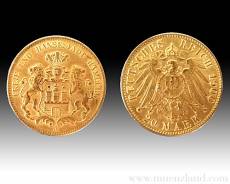 20 Reichsmark Goldmünze Stadtwappen Hamburg 1893