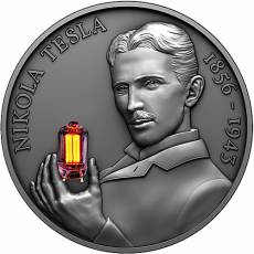 Silbermünze 2 oz NIKOLA TESLA Bulb Inlay 80 Jahrstag + PLASMA BALL 2023