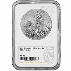 1 Unze Silber Germania 5 Mark MS 70 First Day of Production 2025