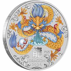 1 Unze Silbermünze Australien Lunar III  Drache farbig 2024
