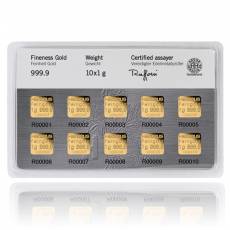 10 x 1 gramm Goldbarren 999,9/1000 Heraeus Multicard